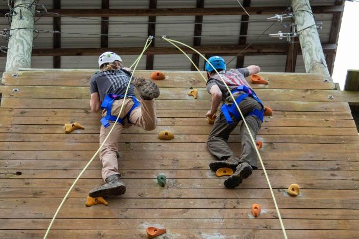 Two students climbing up a board.